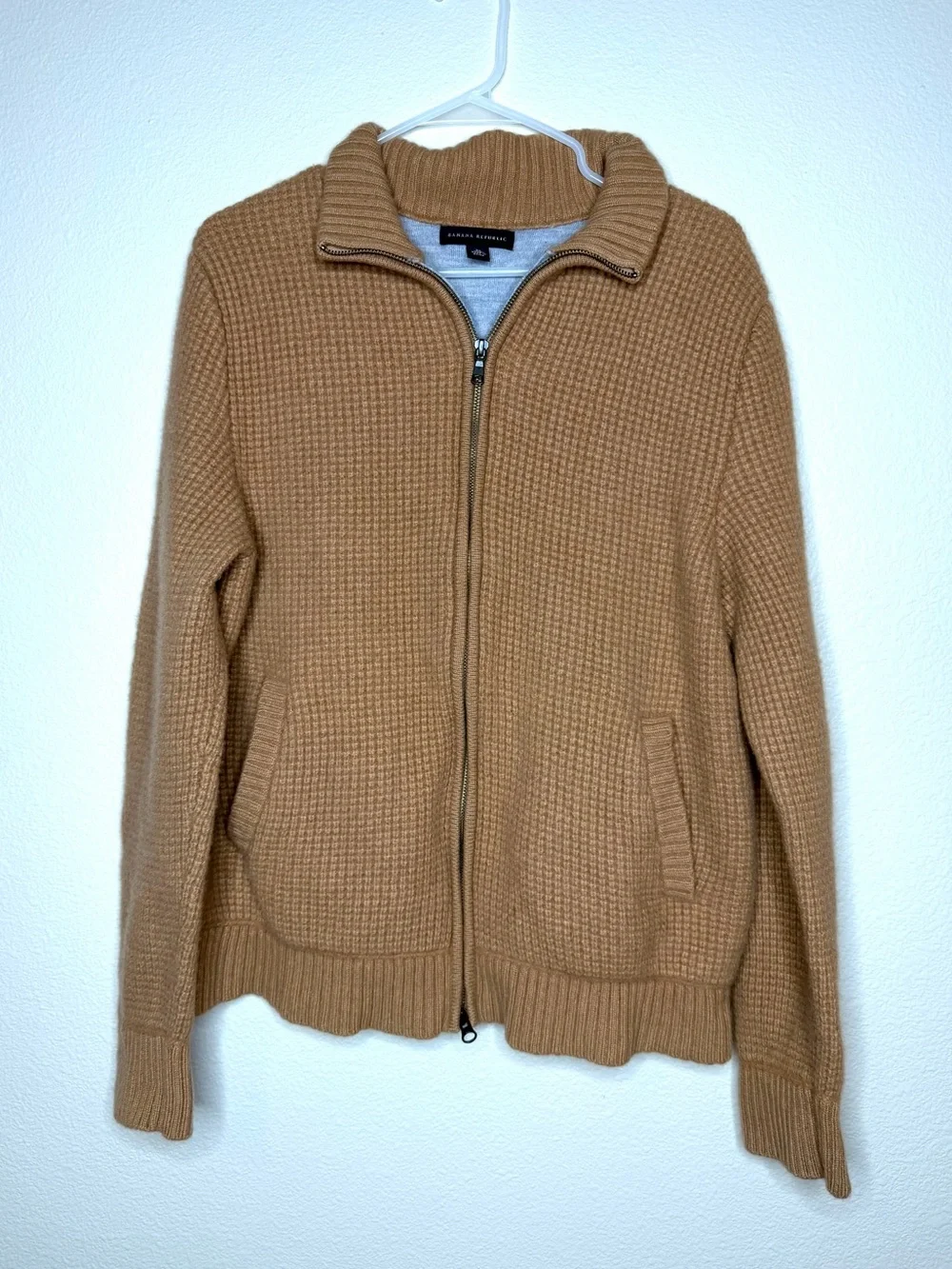 Banana Republic Men Camel Hair Wool Knit Full Zip Cardigan XL Sweater Jacket Tan